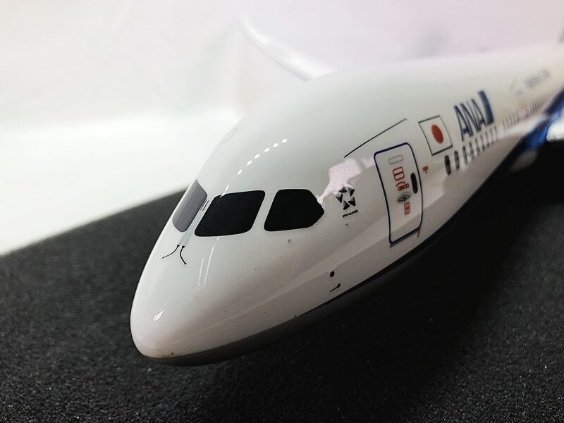 PACMIN製ANA787‑9モデルの機首部アップ。大きなコクピット窓と細部のドアマーキング。